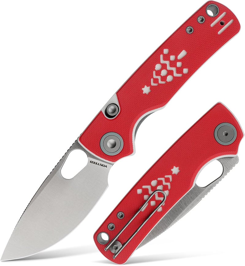 Vosteed Porcupine EDC Pocket Knife - 2.99" 14C28N Satin Blade - Top Liner Lock, Red & White G10 Handle - Camping, Hiking Knives - A2617 - Image 1